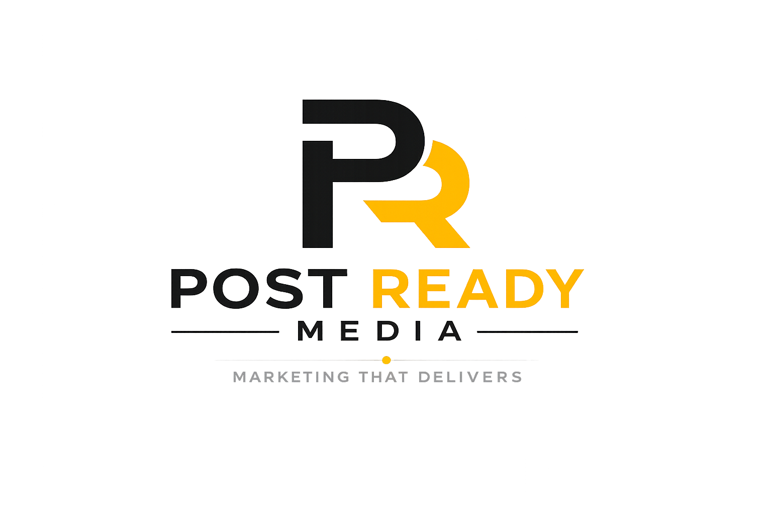 Post ready media Logo color black and yellow wiht tag line marketing that delivers